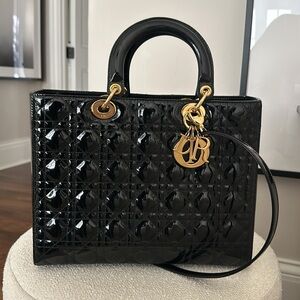 Vintage Large Black Patent Leather Christian Dior Lady Dior